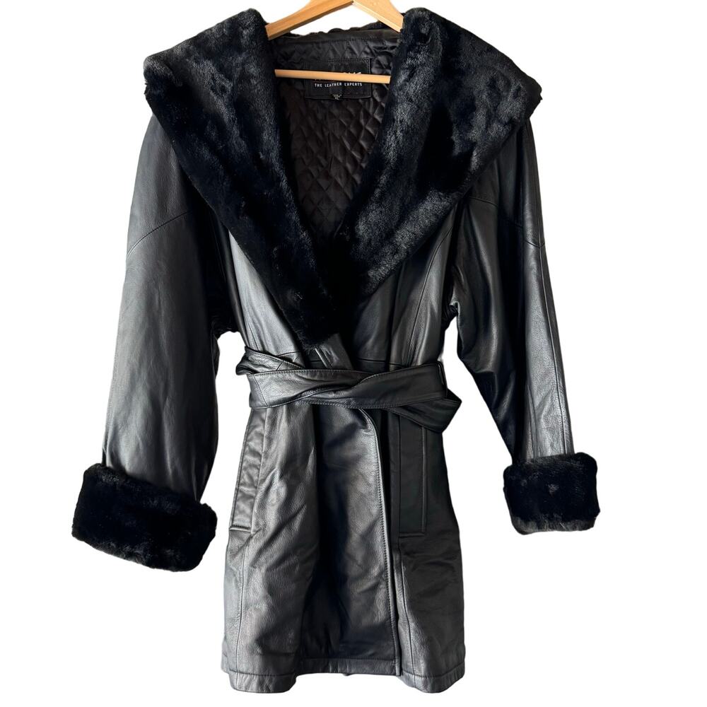 Wilsons Vintage Black Leather Faux Fur Hooded Lined Penny Lane Coat New Tags XL